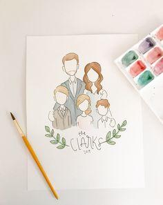 a family portrait with watercolor paints on the table next to it and a paintbrush