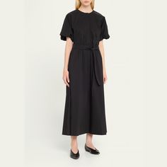 Altuzarra "Paulina" poplin shirtdress Jewel neckline; button placket Short sleeves Side slip pockets Self-tie waist Full length A-line silhouette Button closure Cotton/polyester Dry clean Made in Portugal