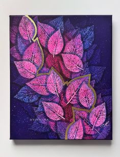 a painting of purple leaves on a blue background