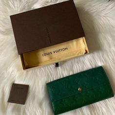 This One Has A K.M Initials. Great Condition Green Leather Evening Wallets, Luxury Green Bifold Wallet, Elegant Green Bifold Wallet, Designer Green Wallet As Gift, Designer Green Wallets For Gift, Designer Green Wallets As Gift, Lv Montaigne, Louis Vuitton Felicie Pochette, Lv Damier