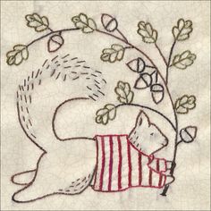 a drawing of a squirrel holding a red and white striped bag with leaves on it