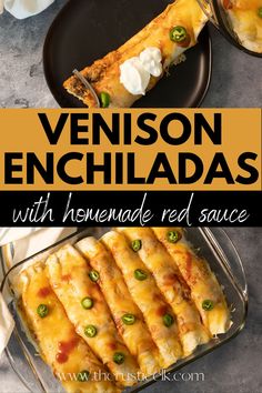 an enchiladas recipe with homemade red sauce and green onions is shown in this image