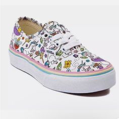 Step Into A World Of Magic With These Vans Fairy Tale Junior Unicorn Lace Up Low Fashion Sneakers. Vibrant Colors Of Pink And Purple On These Canvas Shoes Perfectly Capture The Essence Of Fairy Tale. These Athletic Sneakers Feature The Iconic Vans Off The Wall Logo And Are Part Of The Authentic Product Line. G Vans Off The Wall Logo, Sparkly Vans, Vans Sk8 Mid, Wall Logo, Floral Sneakers, Vans White, American Flag Sweater, Vans Off The Wall, Silver Shoes