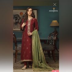 Brand New With Tags 3 Piece Dress By Pakistani Designer Asim Jofa With A Lovely Combination Of Maroon And Green Size Small Fabric: Lawn Color: Maroon Dupata Color: Green Maroon And Green, 3 Piece Dress, Asim Jofa, Pakistani Designers, Maroon Color, Hand Embroidery Designs, Piece Dress, Stylish Dresses, Lady In Red