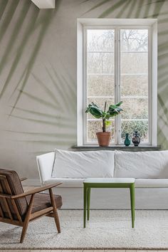 a white couch sitting under a window next to a wooden chair and green coffee table