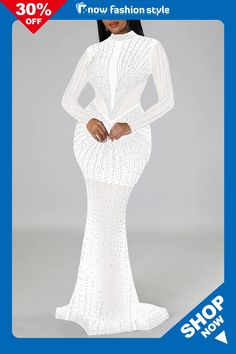 knowfashionstyle White Sexy Patchwork Hot Drilling See-through Half A Turtleneck Long Dress Dresses White Long Sleeve Mesh Dress For Party, White Long Sleeve Mesh Party Dress, White Stretch Mesh Dress For Party, White Spliced Dress For Party, Wholesale Fashion, Dresses Online, Long Dress, Buy Now, Turtle Neck