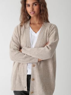 Our favorite slouchy cardigan in a luxuriously soft cashmere blend. The Everyday Cardigan features an oversized fit making it perfect for layering. You'll never want to take this one off. Fabric: 90% Wool, 10% Cashmere. Color-way: Oatmeal Heather. Model is 5'9" and wearing size small. Dry Clean Only. Casual Beige Cashmere Sweater Coat, Oversized Beige Cashmere Outerwear, Cream Oversized Sweater For Daywear, Oversized Cashmere Sweater For Daywear, Classic Oversized Cardigan For Everyday, Beige Cashmere Cardigan For Layering, Everyday Winter Cashmere Cardigan, Oversized Cashmere Cardigan In Fine Knit, Everyday Relaxed Fit Cashmere Cardigan