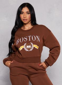 Long Sleeves, Crew Neck, Sweatshirt, Cropped Hem, Embroidery, Graphic Print, Fleece, Item Number 3413075170214 Brown Long Sleeve Tops For College, Trendy Embroidered Graphics Tops For Fall, Fall College Top With Embroidered Graphics, Embroidered Fall Tops For College, Embroidered Long Sleeve Tops For College, Embroidered Fall College Top, Embroidered Graphic Tops For College In Fall, Fall College Embroidered Tops, Embroidered Tops For College In Fall