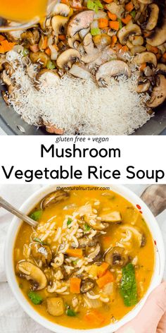 mushroom vegetable rice soup in a white bowl