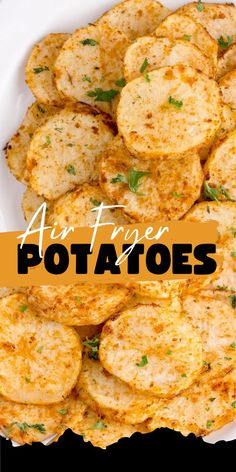 Closeup overhead shot of air fryer potatoes at top and bottom. Golden Potato Recipes, Russet Potato Recipes, Fried Potatoes Recipe