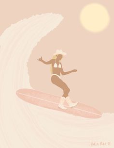 a woman riding a wave on top of a surfboard in front of the sun