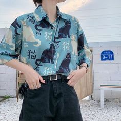 Japanese Cat, Loose Shirt, Cooler Look, Swaggy Outfits, 가을 패션, Print Chiffon