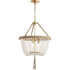 a chandelier hanging from the ceiling with beads and fringes in gold tone