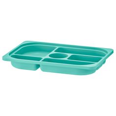 a green divided tray with four compartments