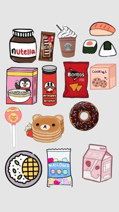 an assortment of food items are shown on a white background with the words nutella written below it