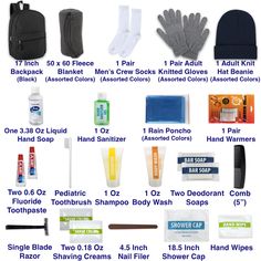 One of our most popular hygiene kits, perfect for donating as a homeless care kit, or for fundraisers, donation drives, and charitable organization. Each hygiene kit is individually packed with the following supplies: 17 Inch Backpack (Black Only) 1 Liquid Hand Soap - 3.38 Oz 50 x 60 Fleece Blanket 1 Pair of Men's Cotton Crew Socks Solid Colors Sock Size 10 - 13 (Assorted Colors) 1 Pair of Adult Knitted Gloves (Assorted Colors) 1 Adult Knit Hat Beanie (Assorted Colors) 1 Oz Hand Sanitizer 1 Disp Homeless Care Package Blessing Bags Christmas Gifts, Care Basket For Kid With Broken Arm, Occ Shoebox Fishing Kits, Sock Drive For Homeless, Ways To Help The Homeless, Gifts For Men In The Hospital, Water Bottle Survival Kit, Homeless Gift Bags, Homeless Care Package Blessing Bags