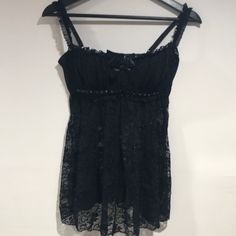 Fredericks Of Hollywood Black Babydoll Black Sequins Adjustable Straps And Back Has Underwire Nwot Black Lace Camisole In Flirty Style, Black Lace Camisole In Feminine Style, Black Lace Coquette Camisole, Black Sleeveless Coquette Camisole, Black Coquette Sleeveless Camisole, Black Tops With Built-in Bra Coquette Style, Black Coquette Top With Built-in Bra, Black Coquette Camisole Top, Black Babydoll