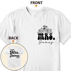 a white shirt with the words mr and mrs printed on it, next to an image of