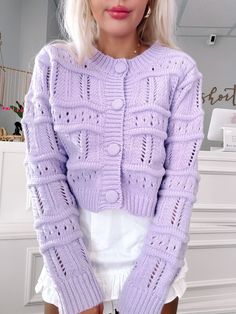 Lost in Lilac Cardigan | sassyshortcake.com | Sassy Shortcake Lavender Knit Sweater For Fall, Cozy Lavender Sweater For Fall, Cozy Lavender Fall Sweater, Trendy Lavender Fall Sweater, Trendy Lavender Sweater For Fall, Purple Knitted Sweater For Layering, Trendy Lavender Winter Sweater, Lavender Long Sleeve Sweater For Winter, Lavender Long Sleeve Winter Sweater