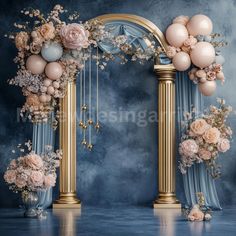 an arch decorated with flowers and balloons for a wedding ceremony or reception in blue tones