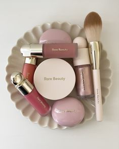 A tray featuring several Rare Beauty products including several shades of Liquid Blush, Melting Blush, Liquid Luminizer, and a Makeup Brush. Maria Gomez, Widget Pink, Dior Beauty, Rare Beauty, 11th Birthday, Luxury Makeup