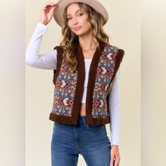 Embriodery Vest With A Sherpa Lining Brown Color Fabric Contents: 100% Acrylic Fall Cotton Embroidered Vest, Fall Embroidered Cotton Vest, Embroidered Sleeveless Vest For Fall, Sleeveless Embroidered Vest For Fall, Bohemian Brown Vest Top, Bohemian Vest Tops For Fall, Bohemian Sleeveless Winter Tops, Embroidered Sleeveless Outerwear For Winter, Color Fabric