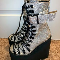 Size 7. Never Worn Rockstar Outfits, Rave Boots, Bling Boots, Rave Shoes, Rock Star Outfit, Dolls Kill Shoes, Silver Platforms, Boot Bling, Bling Shoes