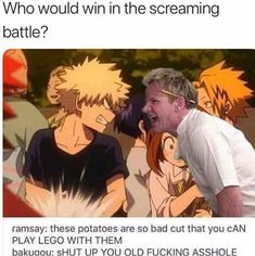 an image of a man laughing with other people in the background and text that reads, who would win in the screaming battle?