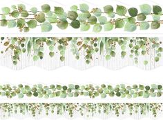 watercolor green leaves and branches on white paper with horizontal stripes in the center, set of 3