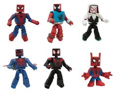 six spider - man action figures are shown in four different poses