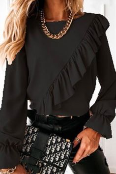 Crewneck Bell Sleeve Ruffle Blouse Shirt Summer Blouses, Chiffon Shirt, Blouse Shirt, Bell Sleeve, Apricot, Fashion Casual, Black Shirt, Bell Sleeves, Shirt Blouses