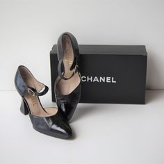 Gorgeous Black Pumps With Signature Chanel Black Heel And Patent Leather Cap Toe. Soft Lambskin Leather, Adjustable Buckle Strap, Unique Curved Heel Make These Very Comfortable. Brand New Heel Tips. Come With Chanel Box. Finition Main (Handmade). Size 39-1/2, Us 9-1/2. Run Narrow. With 3" Heel. Rare Vintage Chanel Shoes. Evening Court Shoes With Leather Sole And Closed Toe, Evening Court Shoes With Leather Sole, Chic Medium Width Heels For Galas, Evening Court Shoes With Leather Sole And Medium Width, Luxury Ankle Strap Court Shoes For Evening, Luxury Evening Court Shoes With Heel Strap, Designer Patent Leather Court Shoes With Closed Toe, Evening Court Shoes With Branded Heel Counter, Evening Court Shoes With Branded Heel And Closed Toe