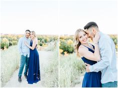 a man and woman hugging each other in the middle of a field with tall grass