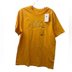 Shirt Has A Stain On The Front. Still Has Tags Unworn Yellow Sports T-shirt With Logo Print, Nike Sporty Moisture-wicking Shirt, Yellow Graphic Tee For Sports, Yellow Sporty Top With Logo Print, Yellow Sporty Shirt For Sports, Sporty Yellow Shirt For Sports, Yellow Moisture-wicking Short Sleeve Tops, Cotton Relaxed Fit T-shirt For Light Sports, Nike Short Sleeve Sportswear T-shirt