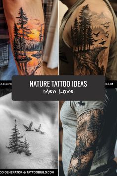 four different tattoos with trees and birds on them, including men's arm and chest