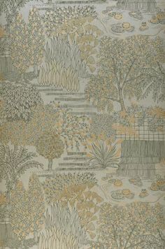 an image of a wallpaper with trees and plants on it's side, in gold