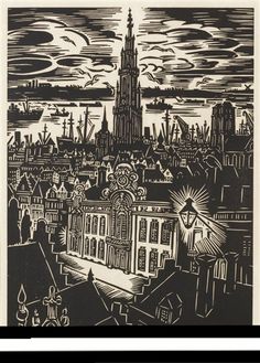 a black and white drawing of a cityscape with clouds in the sky above it