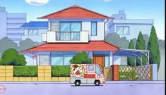 a cartoon character is standing in front of a house with an orange and white truck