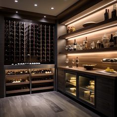 a wine cellar filled with lots of bottles and glasses on top of wooden counter tops