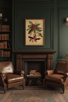 two leather chairs in front of a fireplace with a painting on the wall behind them