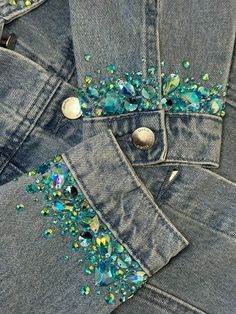 Denim Jacket Diy Paint, Bedazzled Jeans, Sequin Jeans, Diy Denim Jacket, Fabric Embellishment, Embellished Collar, Diy Clothes Design