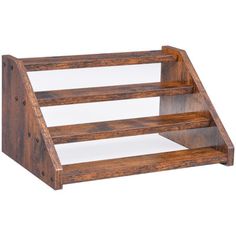 a wooden shelf with three shelves on each side and one section open to show the bottom