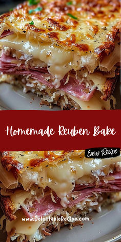 homemade reuben bake with melted cheese and ham on the bottom is shown in two separate images