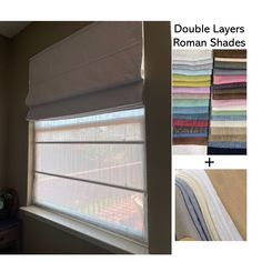 an image of roman shades in different colors and sizes on the window sill next to a bed