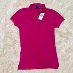 Nwt Ralph Lauren Polo Hot Pink Collared Shirt New With Tags, Never Worn Hot Bright Pink Color With Navy Polo Horse Woman’s Size Small Non-Smoking Home! Classic Pink Short Sleeve Shirt, Pink Fitted Short Sleeve Shirt, Pink Fitted Collared Shirt, Classic Pink Summer Top, Classic Pink Summer Tops, Classic Pink Tops For Summer, Pink Polo Shirt Outfit Woman, Polo Top Outfit, Polo Shirt Outfit Women's