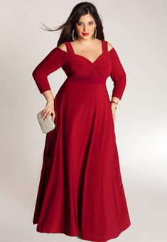 The elegant and powerful Siren Dress is cut from all-season stretch jersey, and hugs, smoothes, and enhances the contour of your curvy top and skims over your hips. The cold shoulder cut-outs add just enough of a design element to be strikingly beautiful, without overwhelming the shape. Add some bright gems, colorful clutch, and strappy pumps for a head turning style. Plus Size Red Gown, Plus Size Gala Dress, Designer Plus Size Clothing, Red Theme, Long Gowns, Plus Size Gowns, Prom Ideas, Plus Size Designers, فستان سهرة