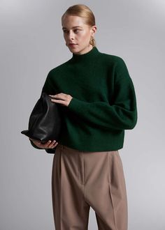 Mock-Neck Sweater - Dark Green - Sweaters - & Other Stories US Oversized Cropped Sweater With Ribbed Cuffs, Textured Knit Funnel Neck Sweater For Work, Workwear Textured Knit Sweater With Funnel Neck, Chic Knit Turtleneck With Ribbed Cuffs, High Neck Fall Sweater For Work, Fall Sweater With Funnel Neck And Ribbed Cuffs, Fall Funnel Neck Sweater With Ribbed Cuffs, Fall High Neck Sweater For Work, High Neck Sweater For Fall Workwear