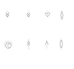 an arrow, heart, moon and other symbols are drawn on a white paper background