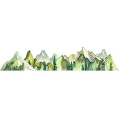 a watercolor painting of mountains and trees