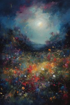 an abstract painting with flowers in the foreground and a full moon in the background